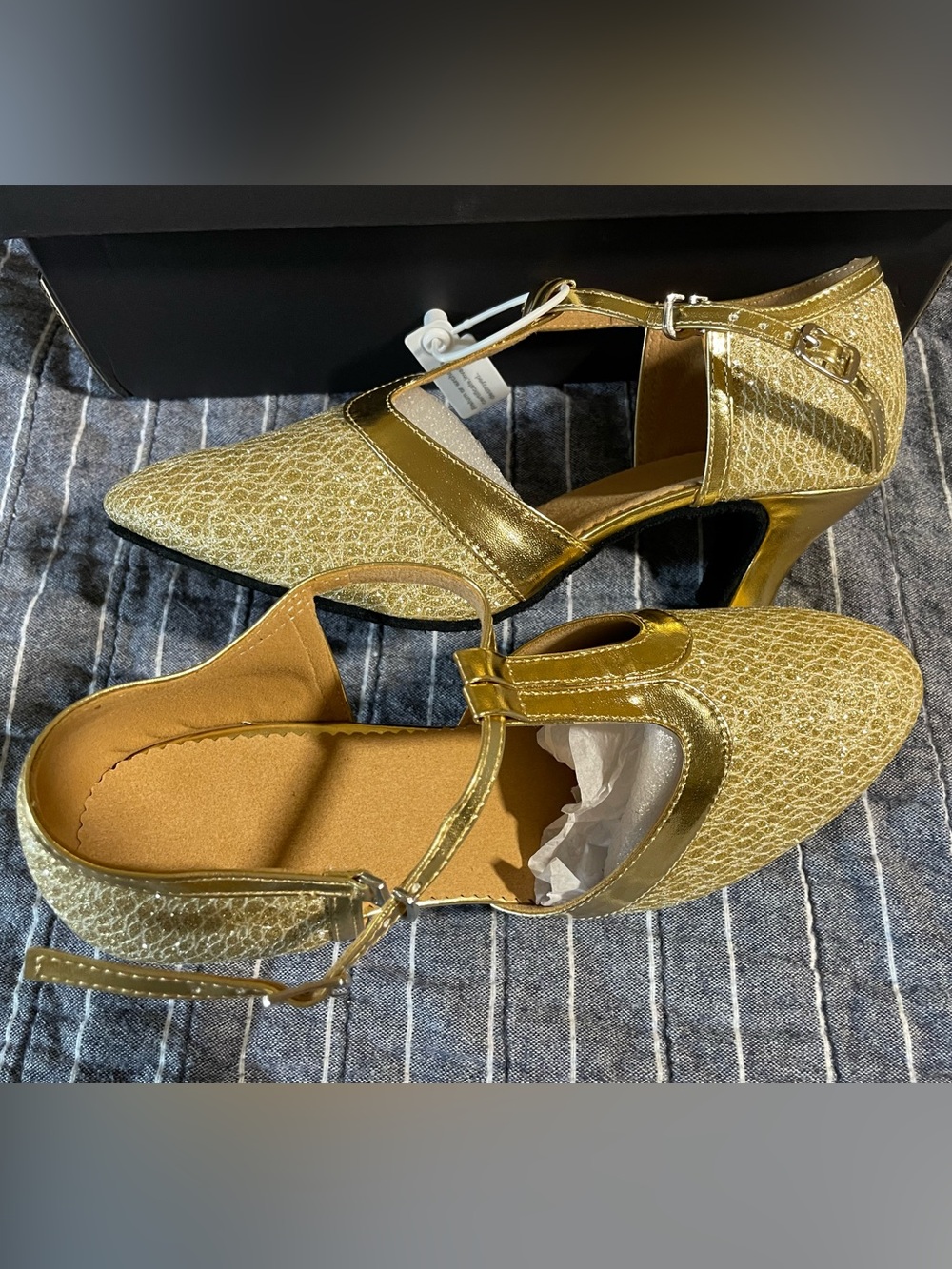 Gold Almond-Toe T-Strap Dance Heels (2.25”)